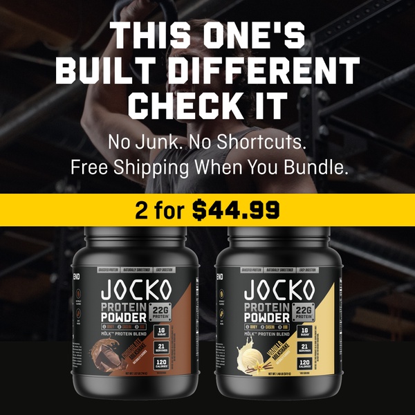 This 1:1 square ad features two protein powder tubs side-by-side with a bold value proposition focusing on quality ingredients and a clear bundle price.